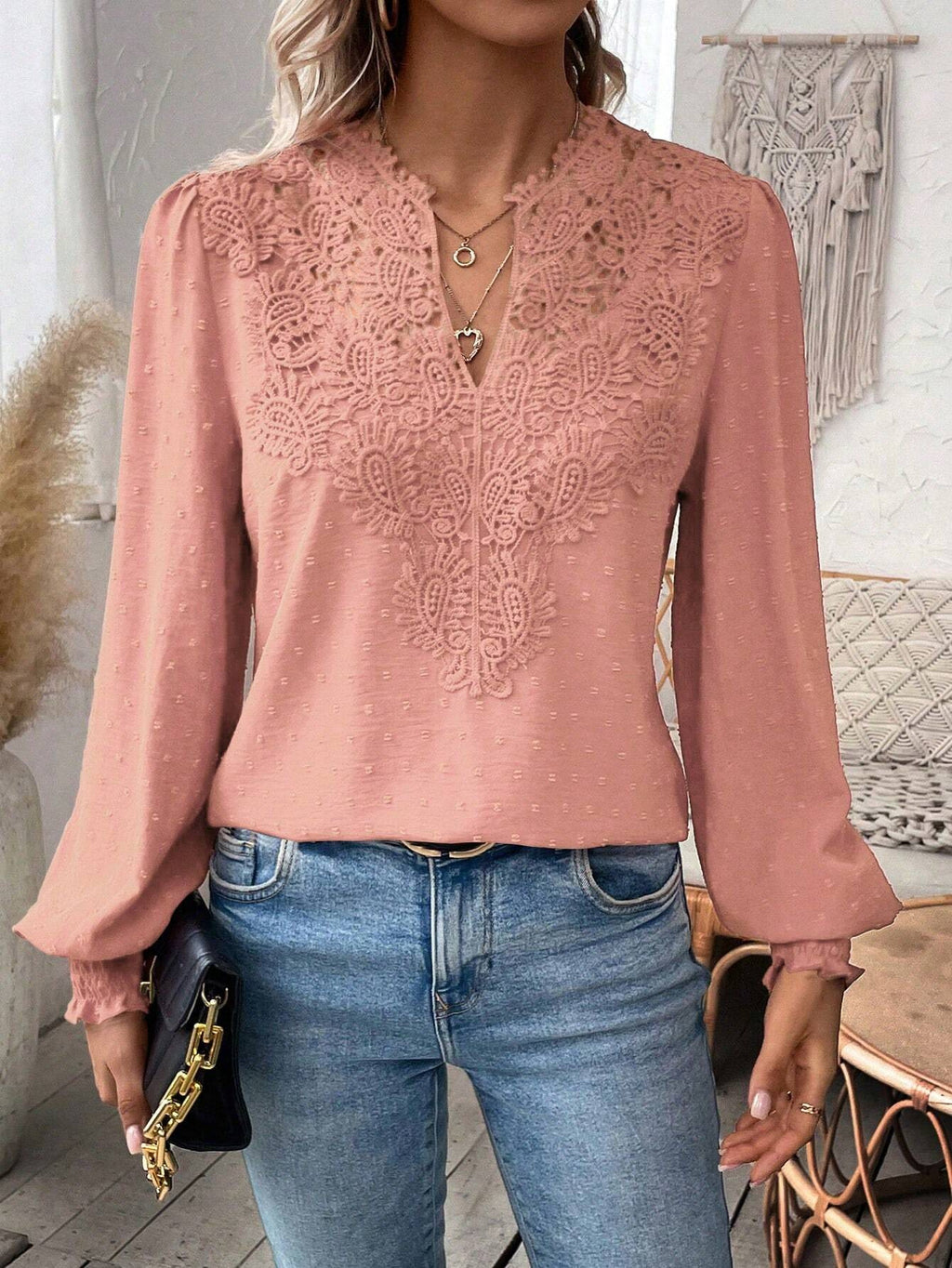 Crochet Lace Yoke Swiss Dot Blouse - Pink