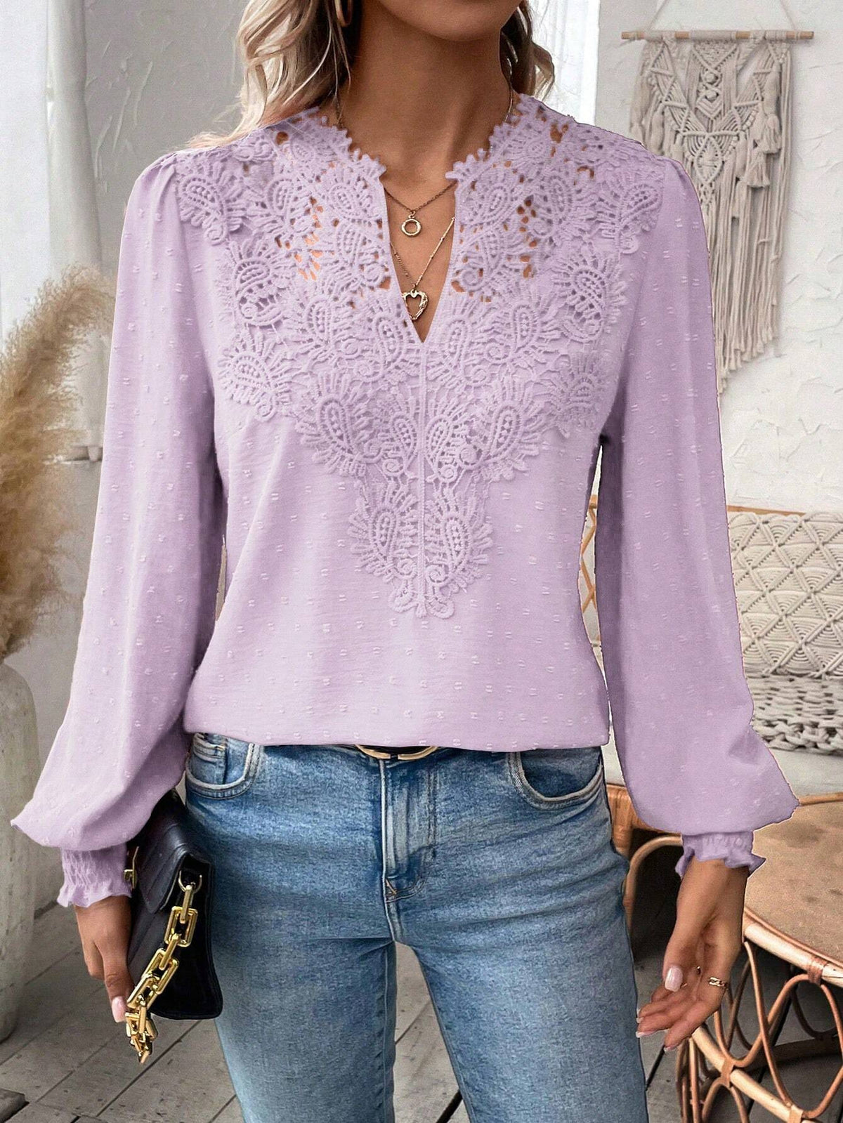 Crochet Lace Yoke Swiss Dot Blouse - Purple