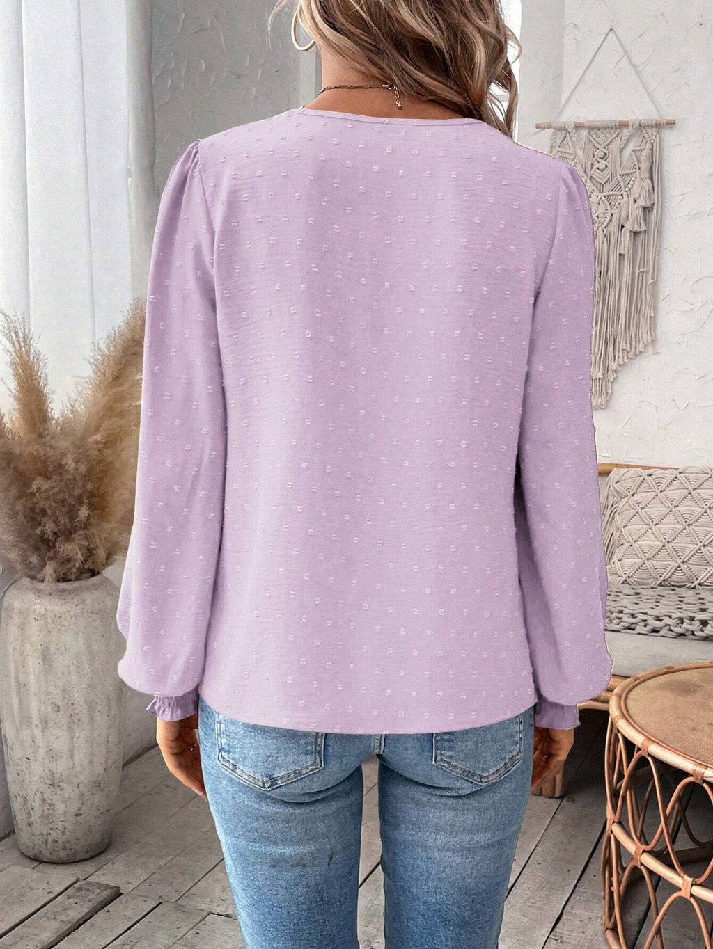 Crochet Lace Yoke Swiss Dot Blouse - Purple - 1