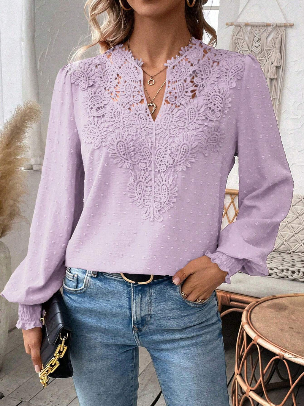 Crochet Lace Yoke Swiss Dot Blouse - Purple - 2