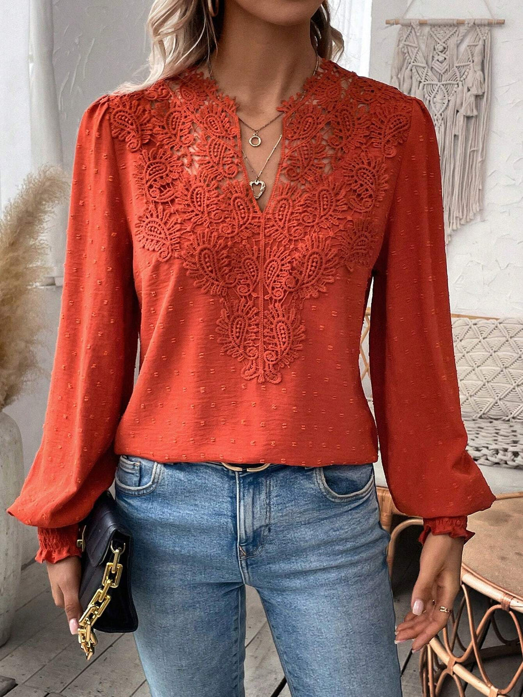 Crochet Lace Yoke Swiss Dot Blouse - Red