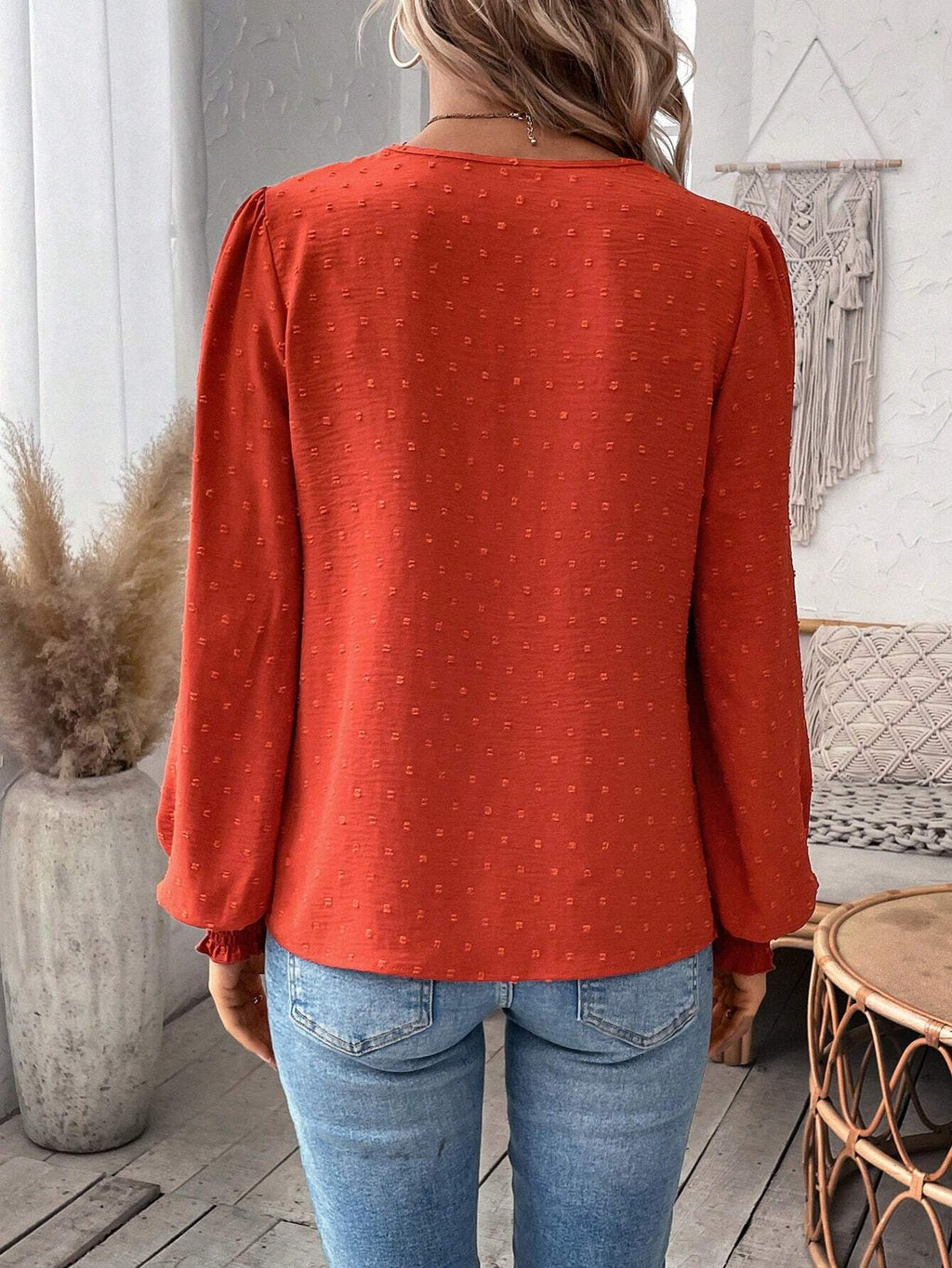 Crochet Lace Yoke Swiss Dot Blouse - Red - 1