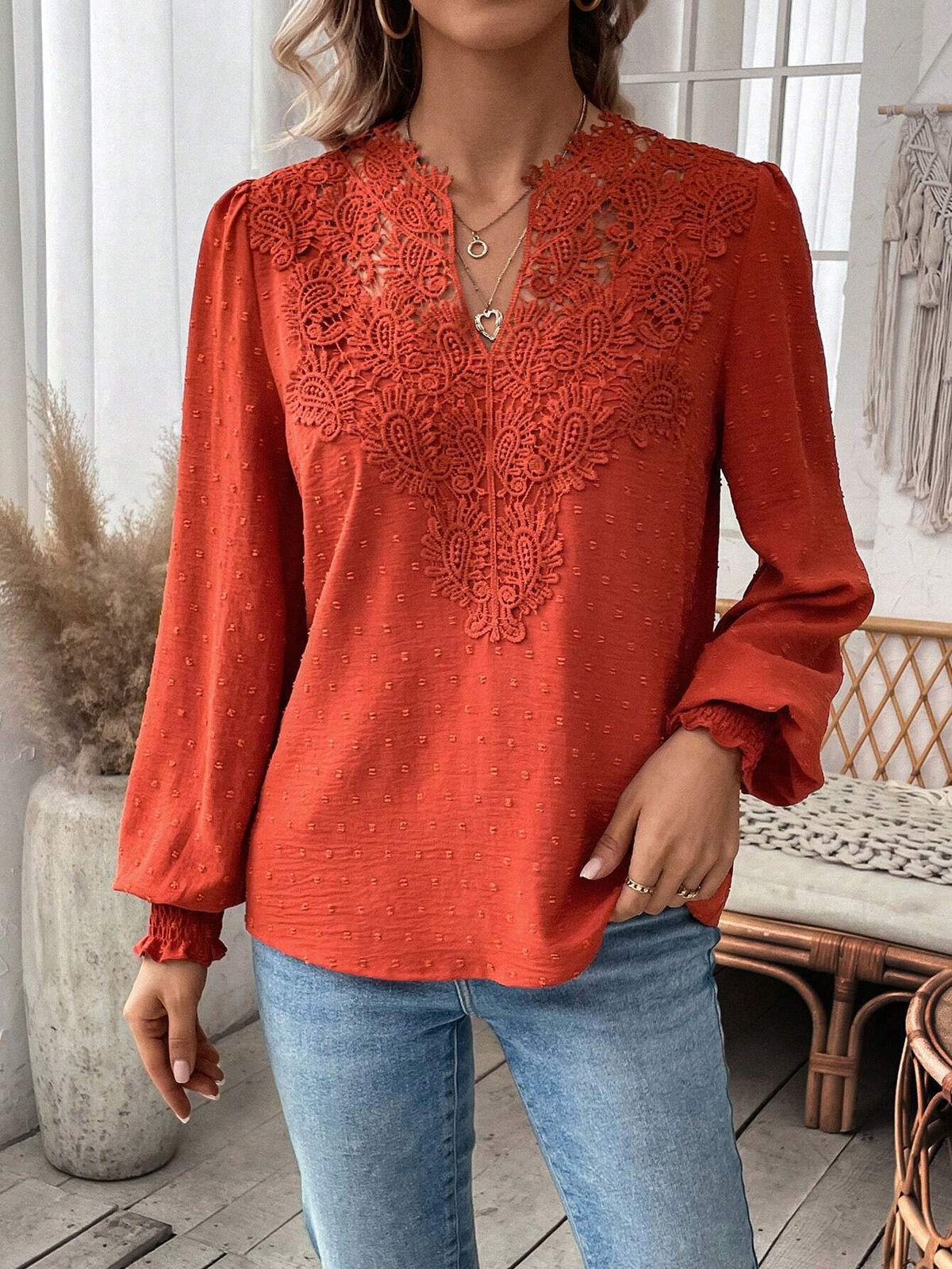 Crochet Lace Yoke Swiss Dot Blouse - Red - 2