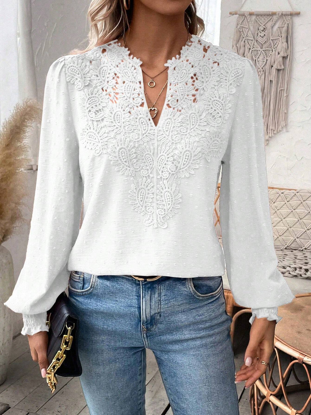 Crochet Lace Yoke Swiss Dot Blouse - White