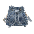 Frayed Denim Patchwork Drawstring Bucket Bag - Denim Blue