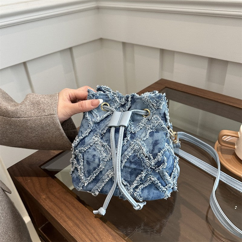 Frayed Denim Patchwork Drawstring Bucket Bag