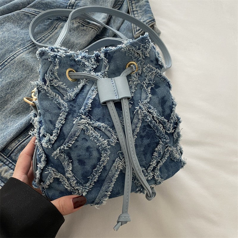 Frayed Denim Patchwork Drawstring Bucket Bag