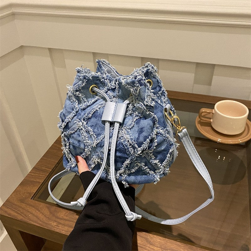 Frayed Denim Patchwork Drawstring Bucket Bag
