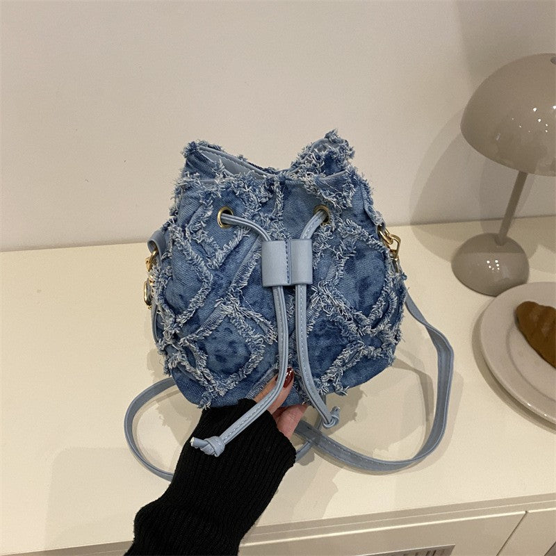 Frayed Denim Patchwork Drawstring Bucket Bag