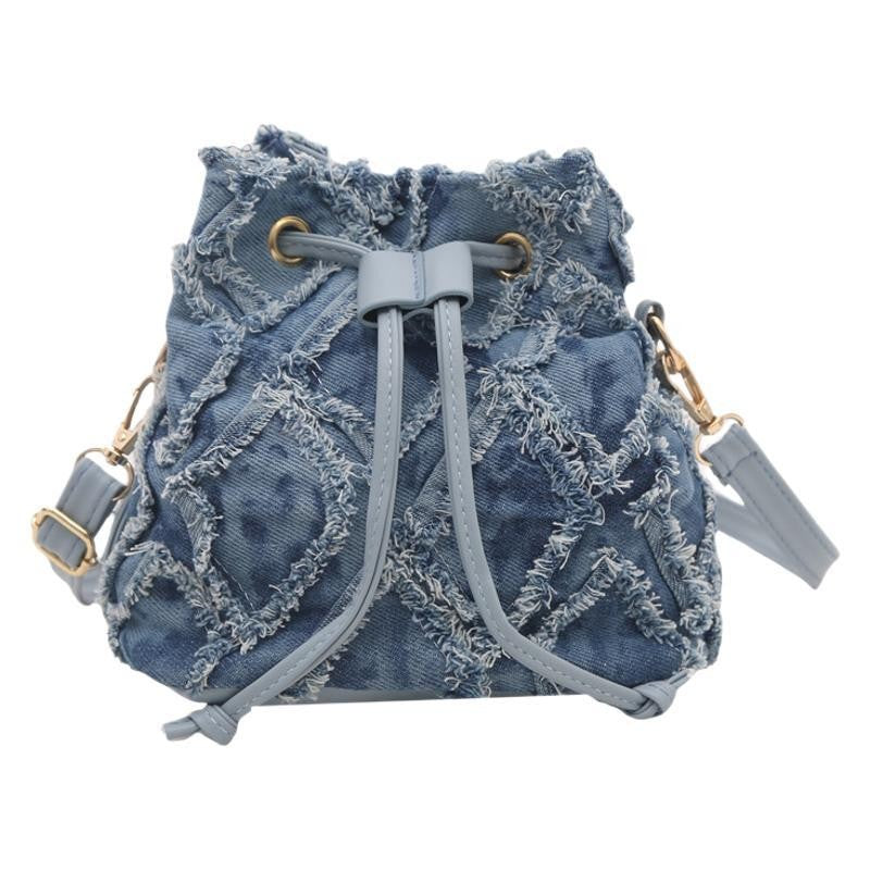 Frayed Denim Patchwork Drawstring Bucket Bag