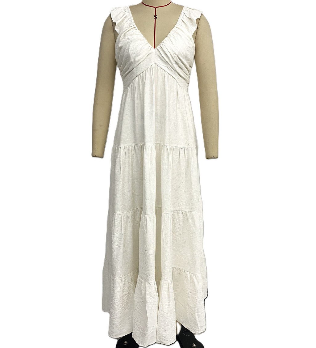 Plunge Neck Tiered Sleeveless Maxi Dress - White