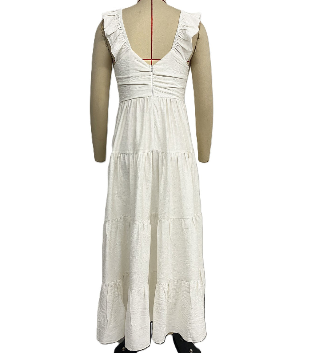 Plunge Neck Tiered Sleeveless Maxi Dress - White - 1