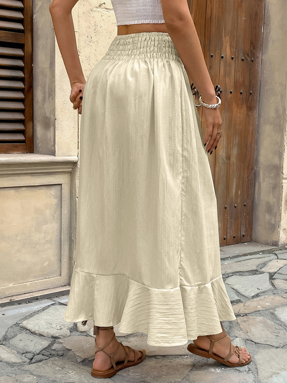 Button Front Ruffle Hem Midi Skirt - Apricot - 1