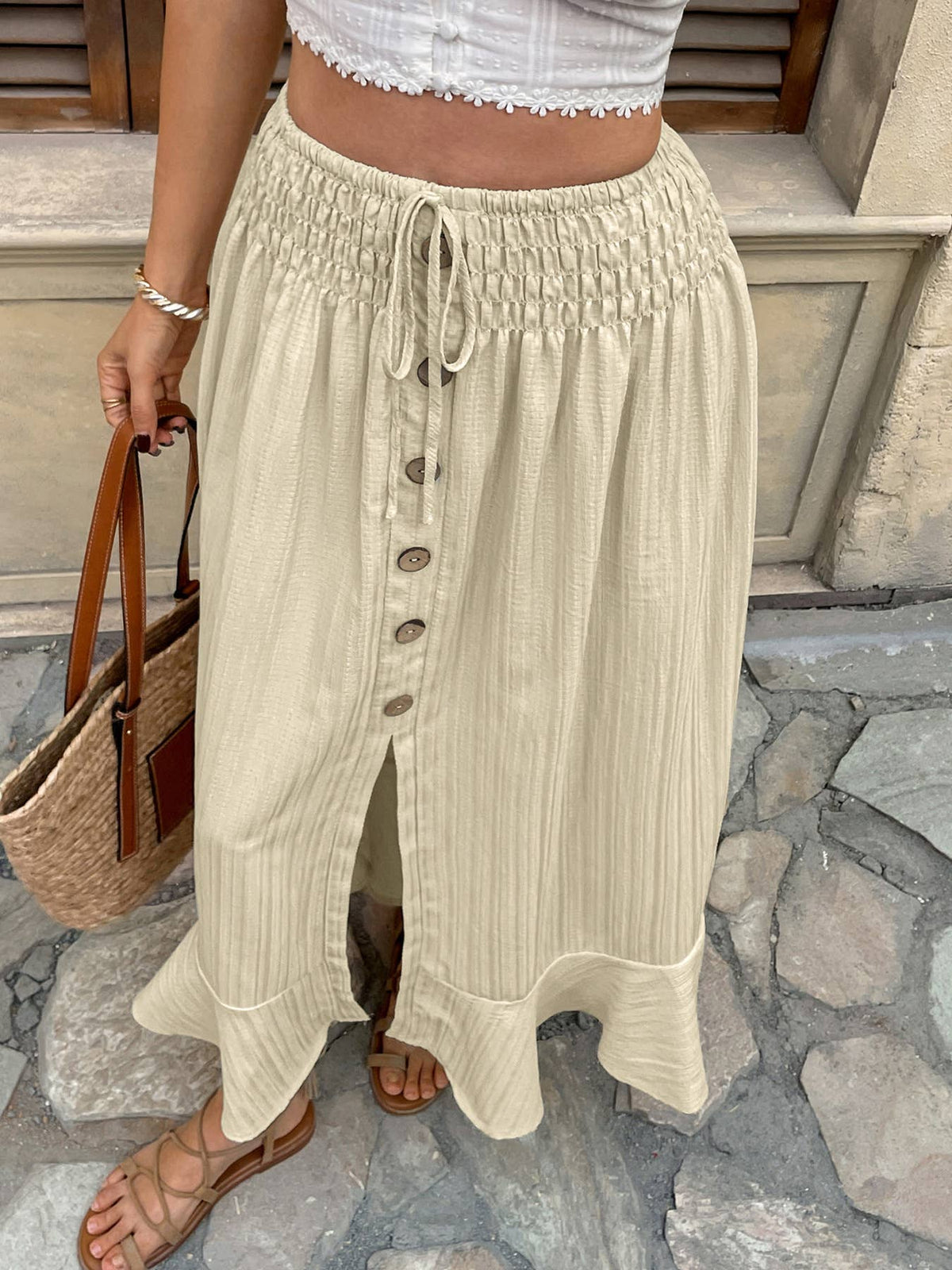 Button Front Ruffle Hem Midi Skirt