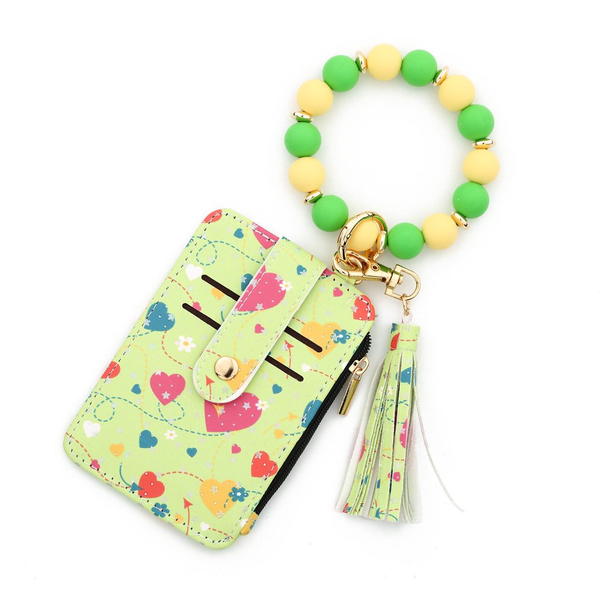 Heart Print Bracelet Keychain With Card Wallet - Green