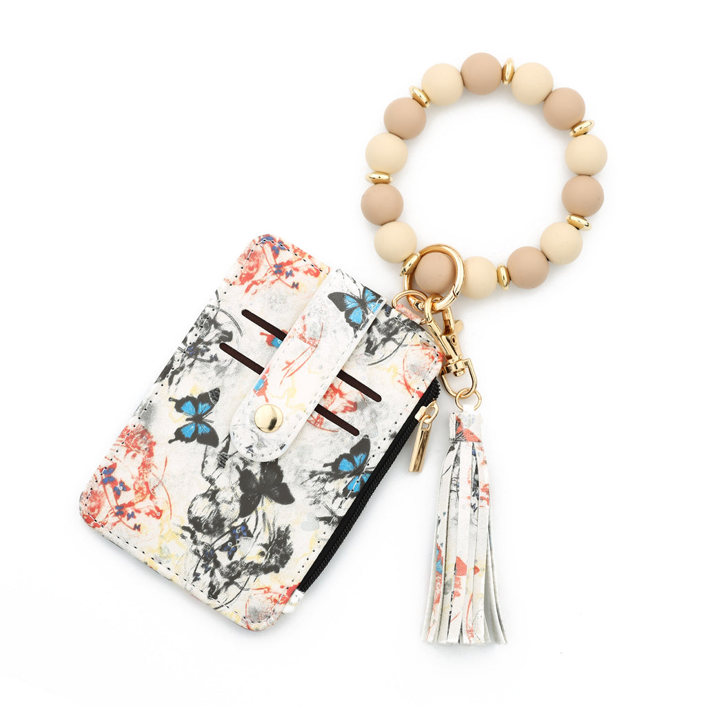 Heart Print Bracelet Keychain With Card Wallet - Khaki