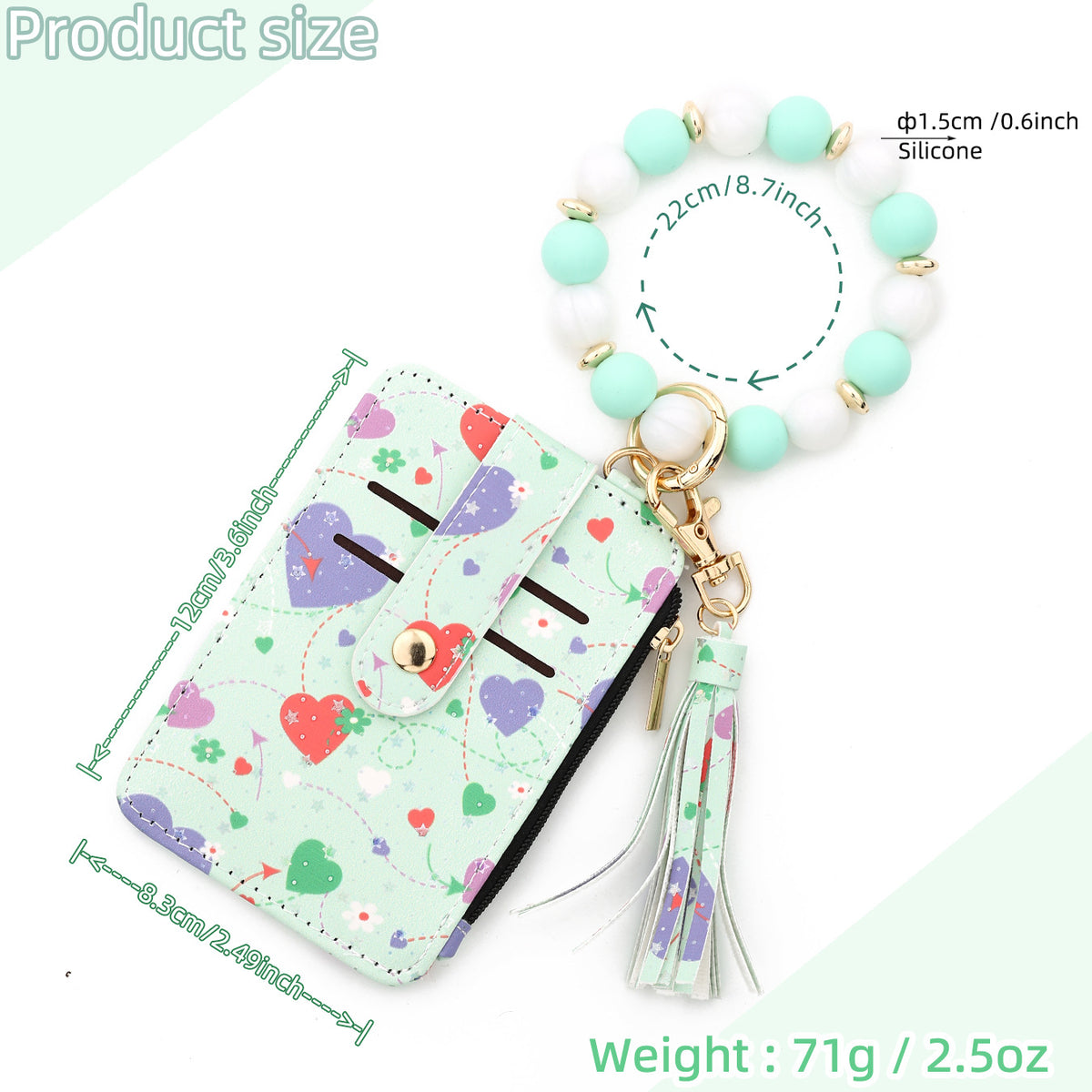 Heart Print Bracelet Keychain With Card Wallet - Mint