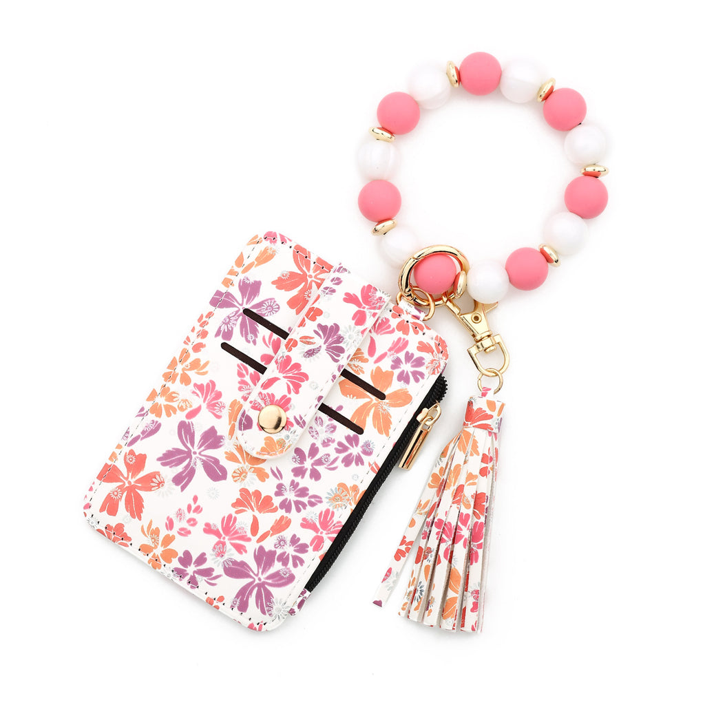 Heart Print Bracelet Keychain With Card Wallet - Pink-1