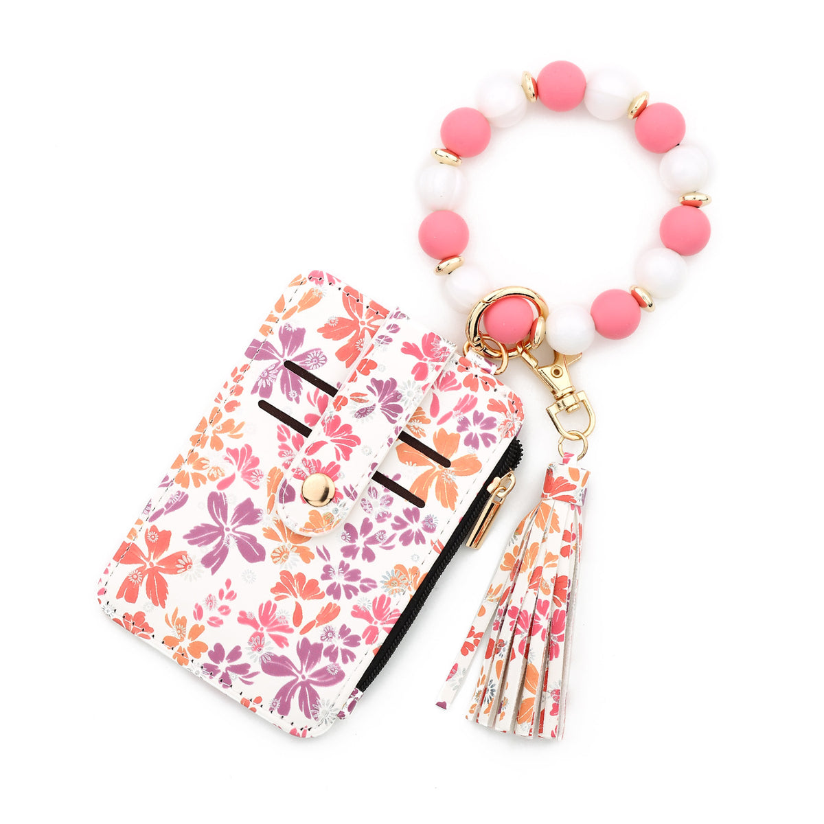 Heart Print Bracelet Keychain With Card Wallet - Pink-1