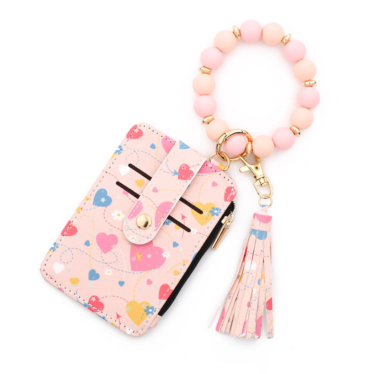 Heart Print Bracelet Keychain With Card Wallet - Pink-2
