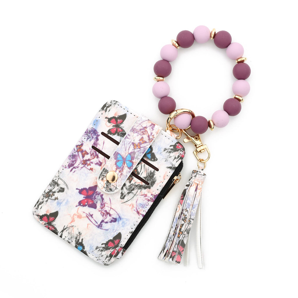 Heart Print Bracelet Keychain With Card Wallet - Purple-1