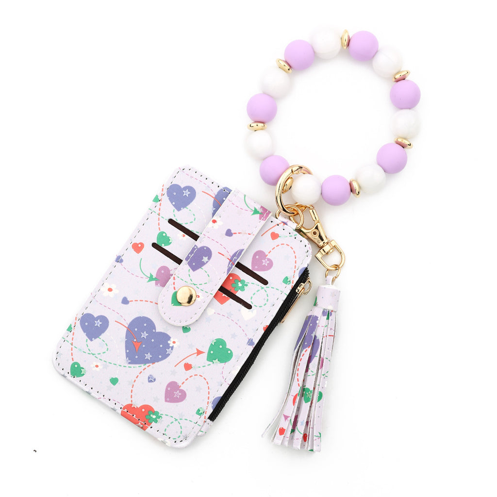 Heart Print Bracelet Keychain With Card Wallet - Purple-2
