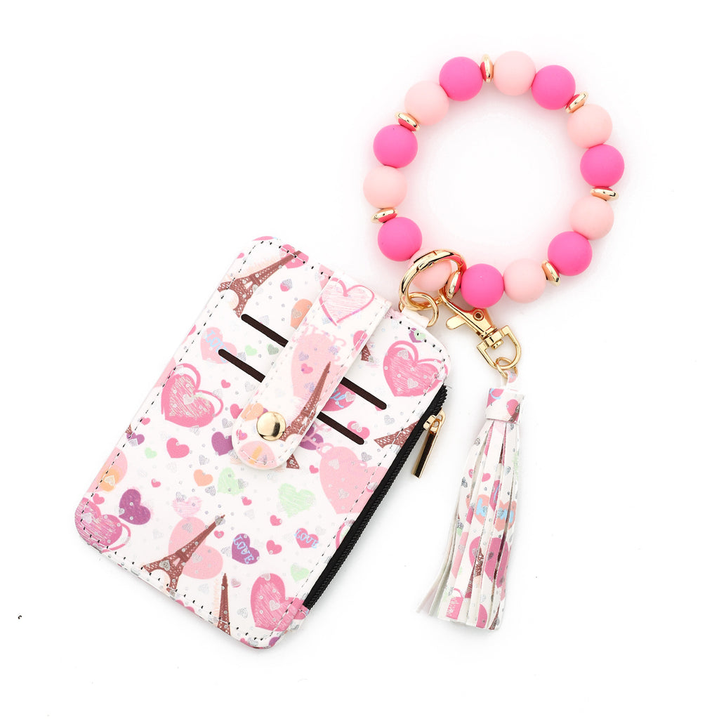 Heart Print Bracelet Keychain With Card Wallet - RoseRed