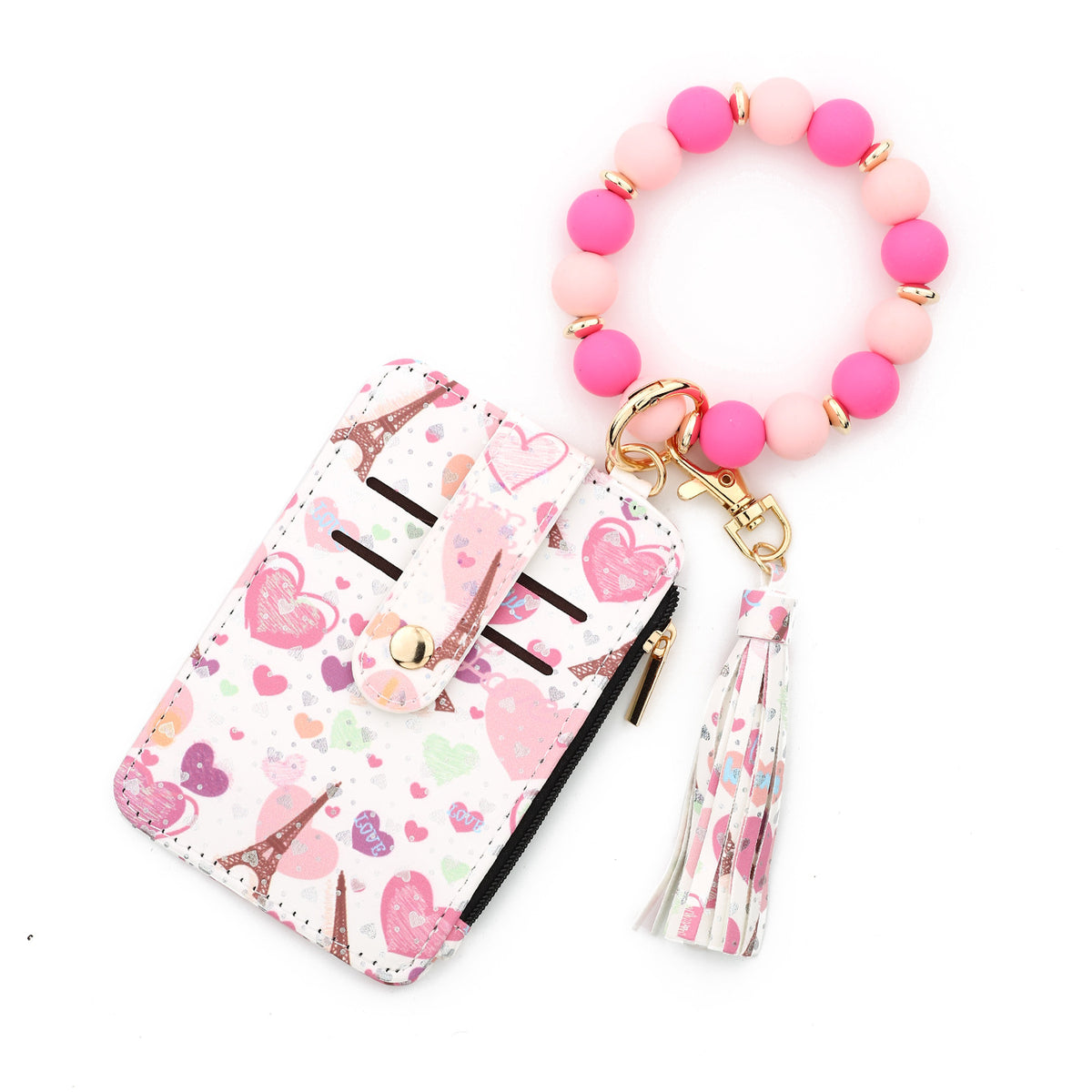 Heart Print Bracelet Keychain With Card Wallet - RoseRed