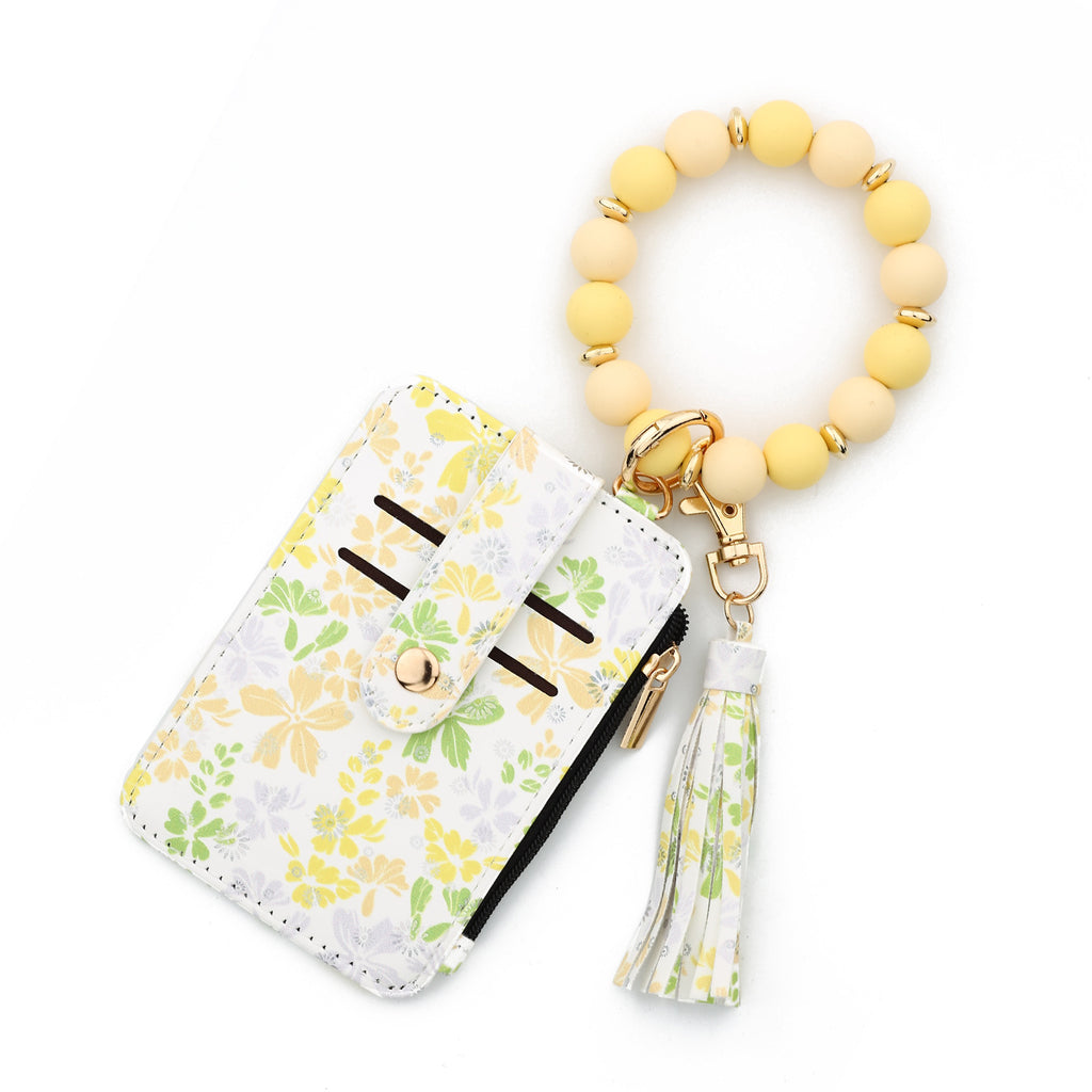 Heart Print Bracelet Keychain With Card Wallet - Yellow