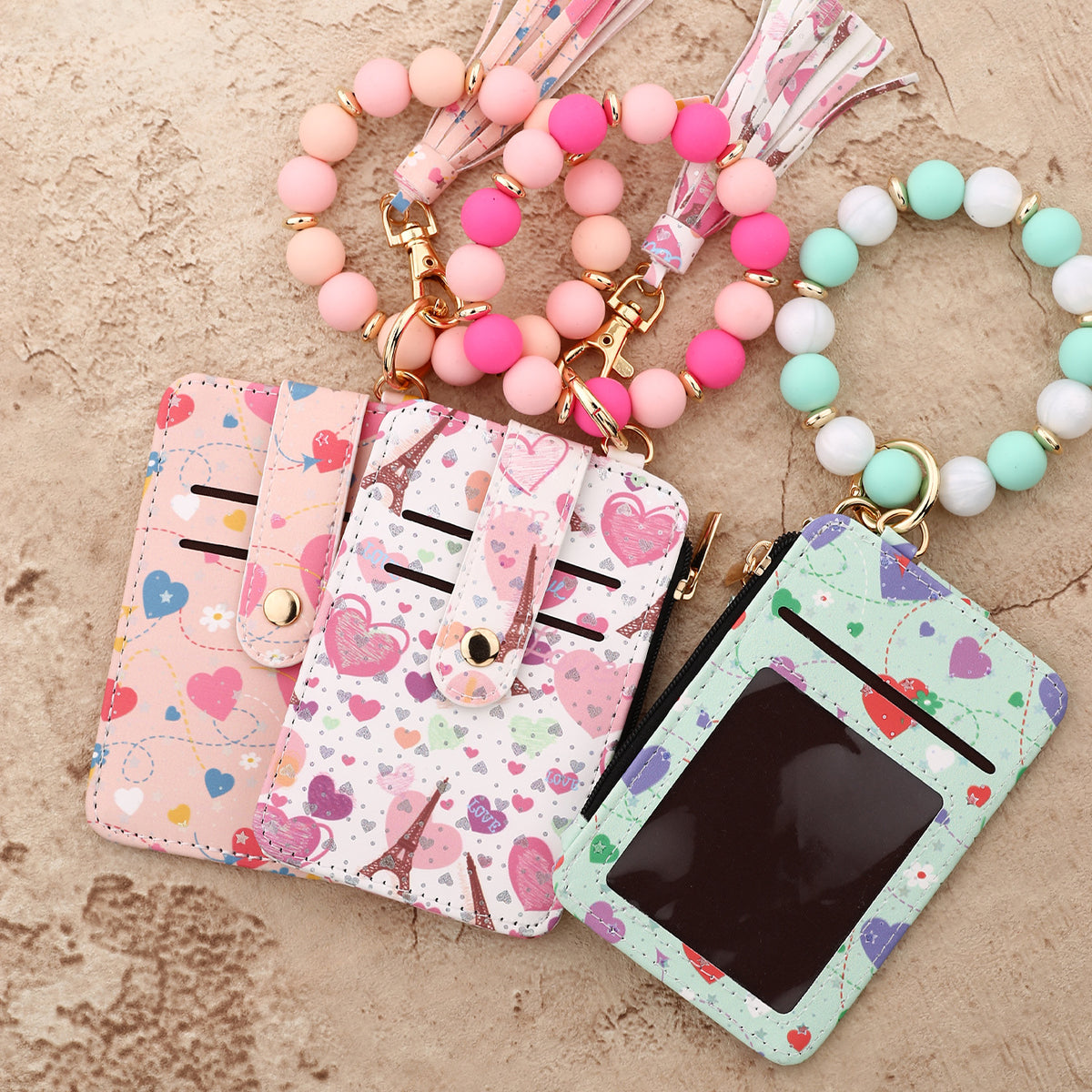 Heart Print Bracelet Keychain With Card Wallet - view 1