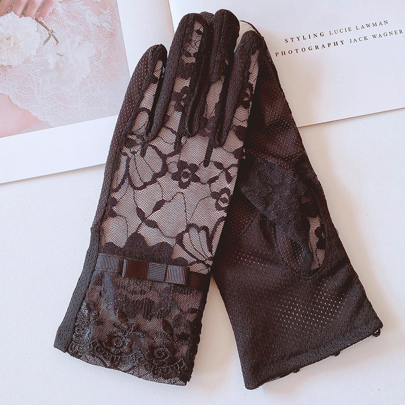 Floral Lace Bow Sun Protection Gloves - Black