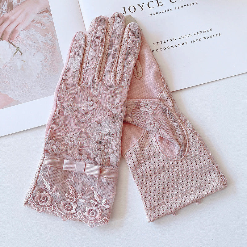 Floral Lace Bow Sun Protection Gloves - Coral