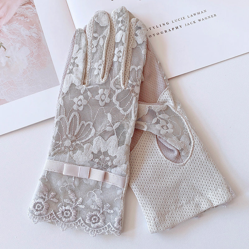 Floral Lace Bow Sun Protection Gloves - Gray
