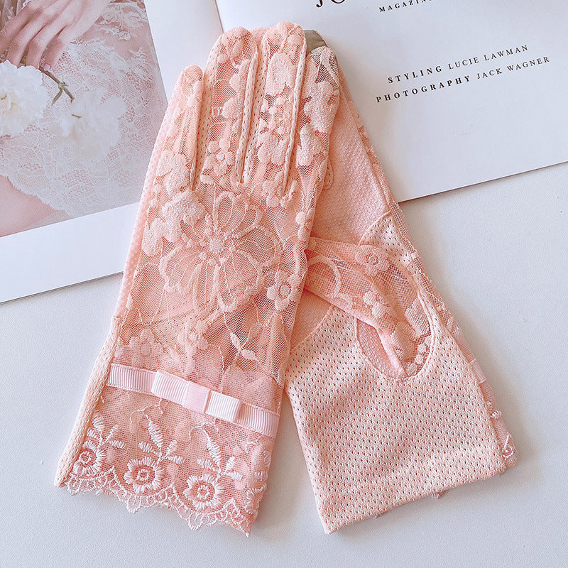 Floral Lace Bow Sun Protection Gloves - Pink