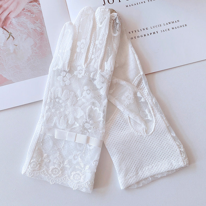 Floral Lace Bow Sun Protection Gloves - White