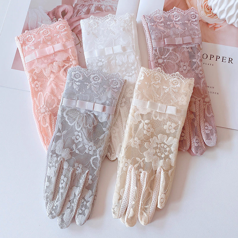 Floral Lace Bow Sun Protection Gloves - Yellow