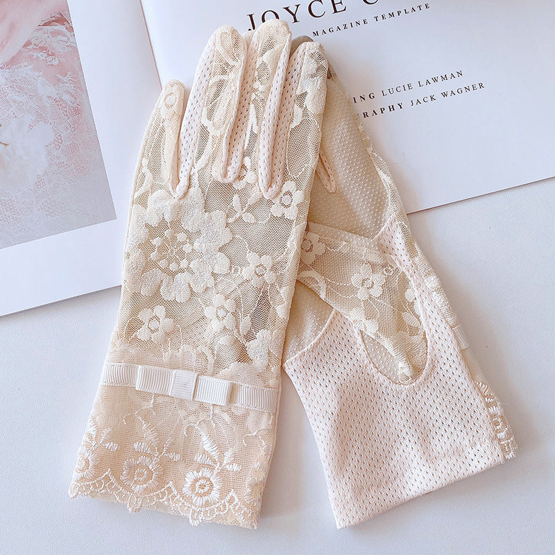 Floral Lace Bow Sun Protection Gloves - Yellow - 1