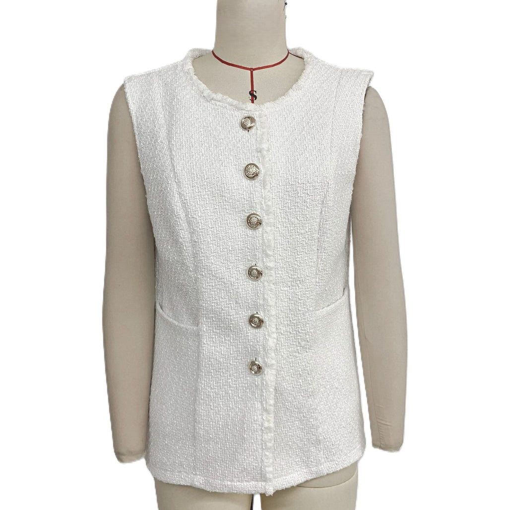 White Tweed Frayed Trim Button Vest - White