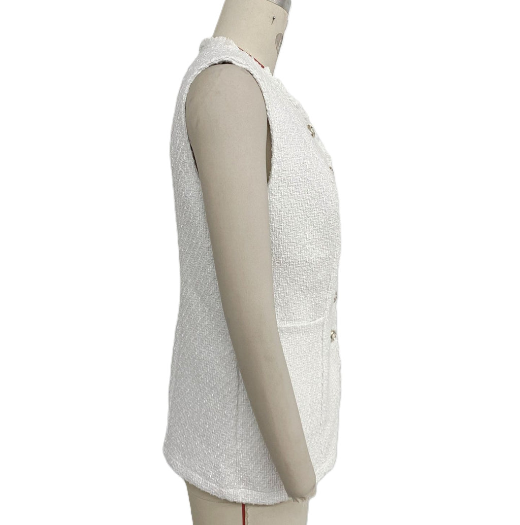 White Tweed Frayed Trim Button Vest - White - 1