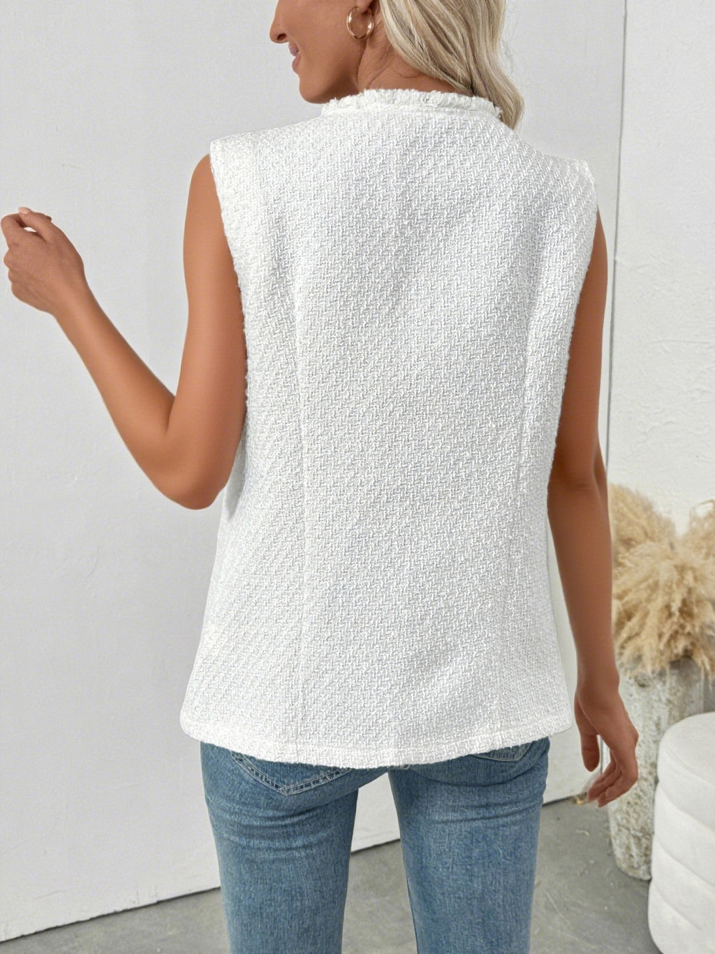 White Tweed Frayed Trim Button Vest - White - 2