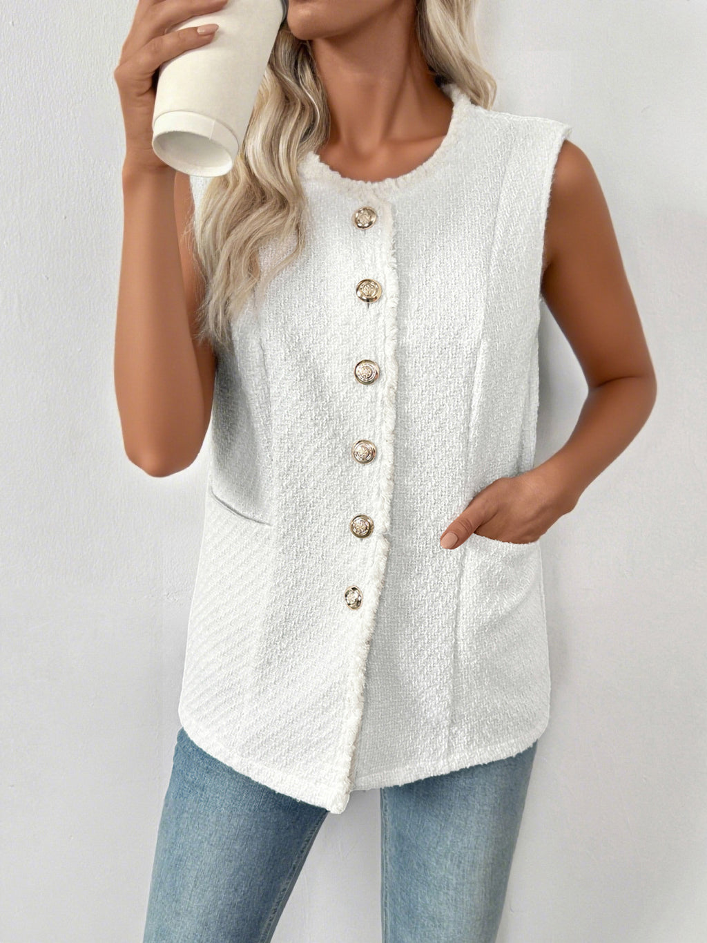 White Tweed Frayed Trim Button Vest - White - 3