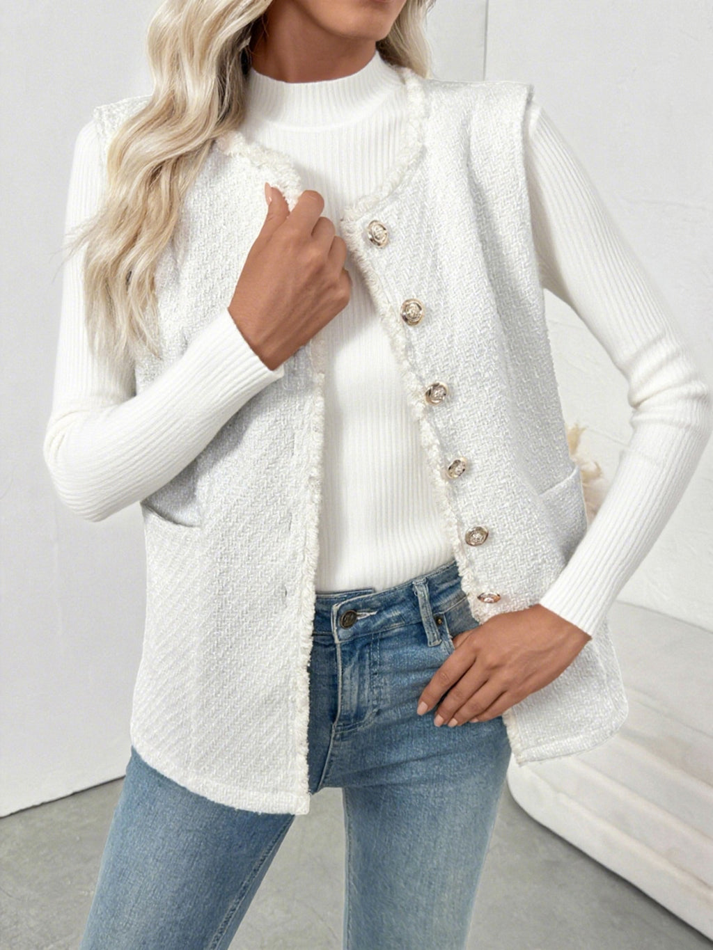 White Tweed Frayed Trim Button Vest - White - 4