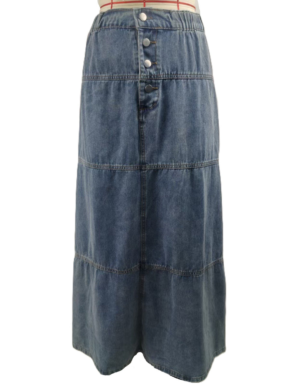 Paneled Denim Maxi Skirt with Elastic Waist - Blue