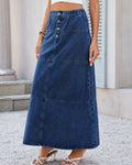 Paneled Denim Maxi Skirt with Elastic Waist - Dark-Blue