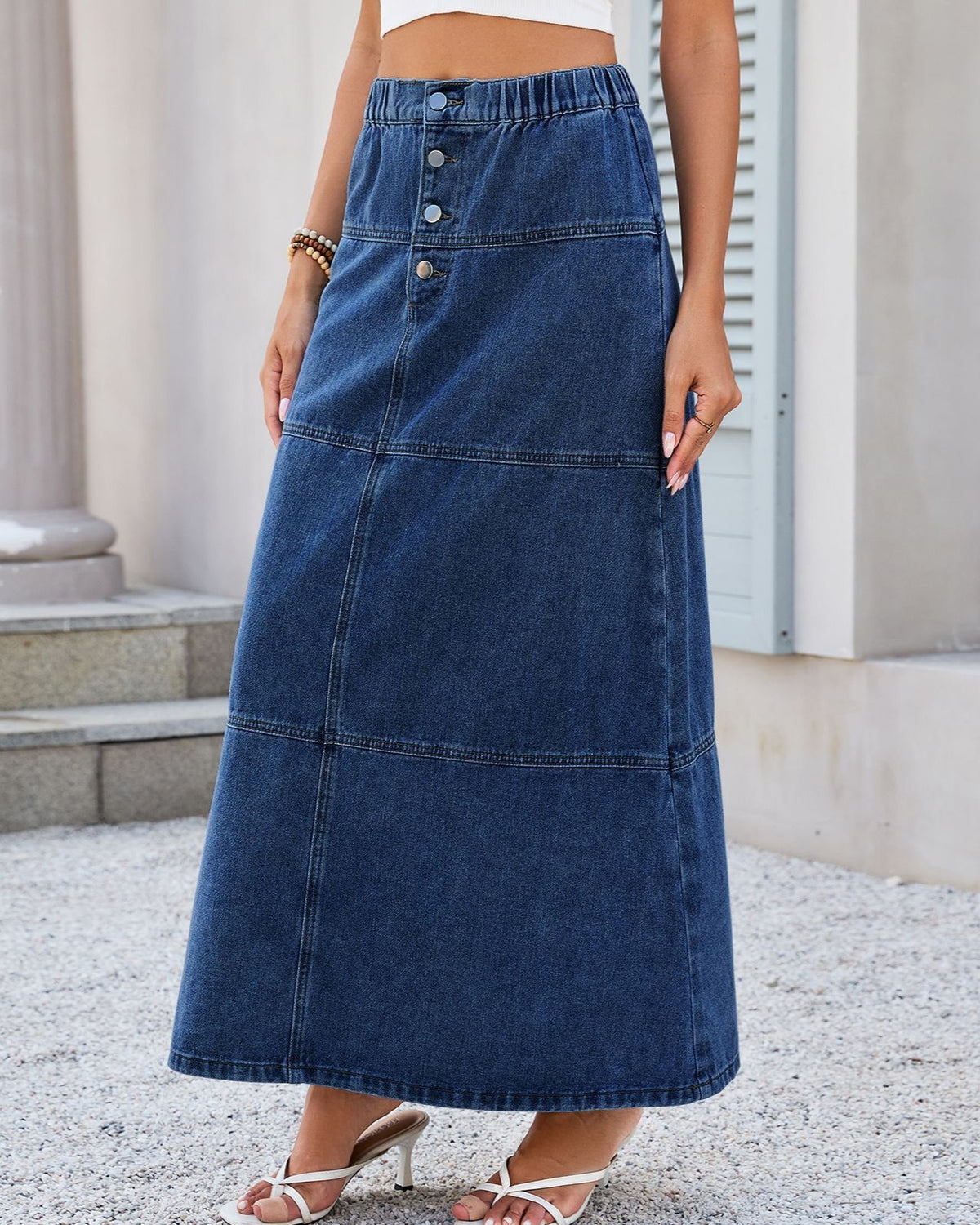 Paneled Denim Maxi Skirt with Elastic Waist - Dark-Blue