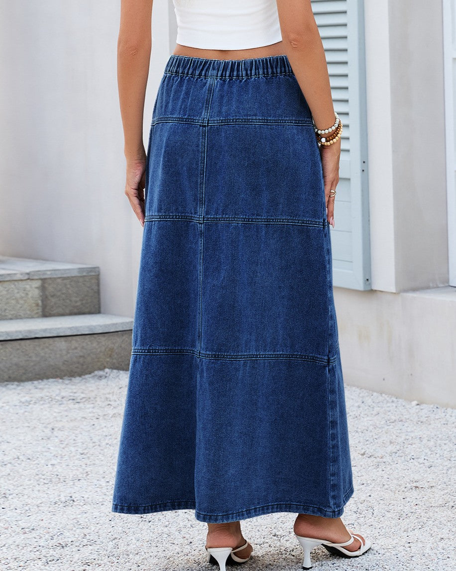 Paneled Denim Maxi Skirt with Elastic Waist - Dark-Blue - 1