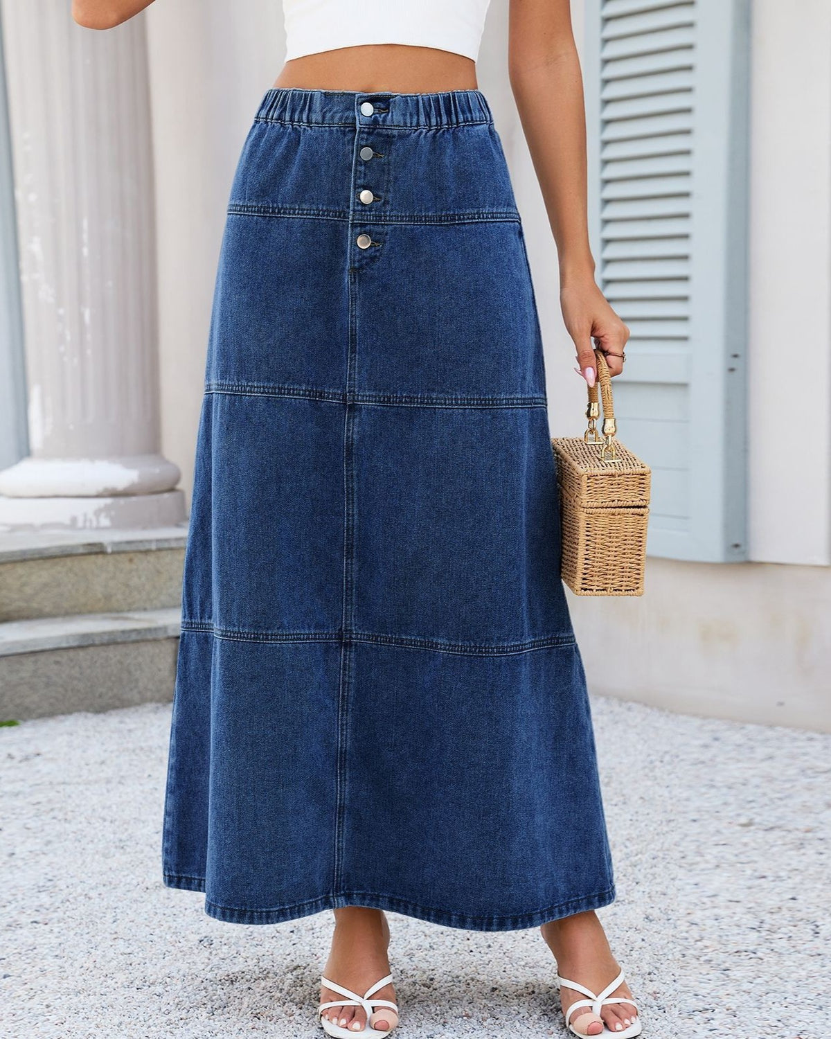 Paneled Denim Maxi Skirt with Elastic Waist - Dark-Blue - 2