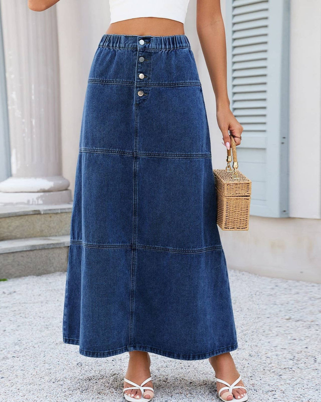 Paneled Denim Maxi Skirt with Elastic Waist