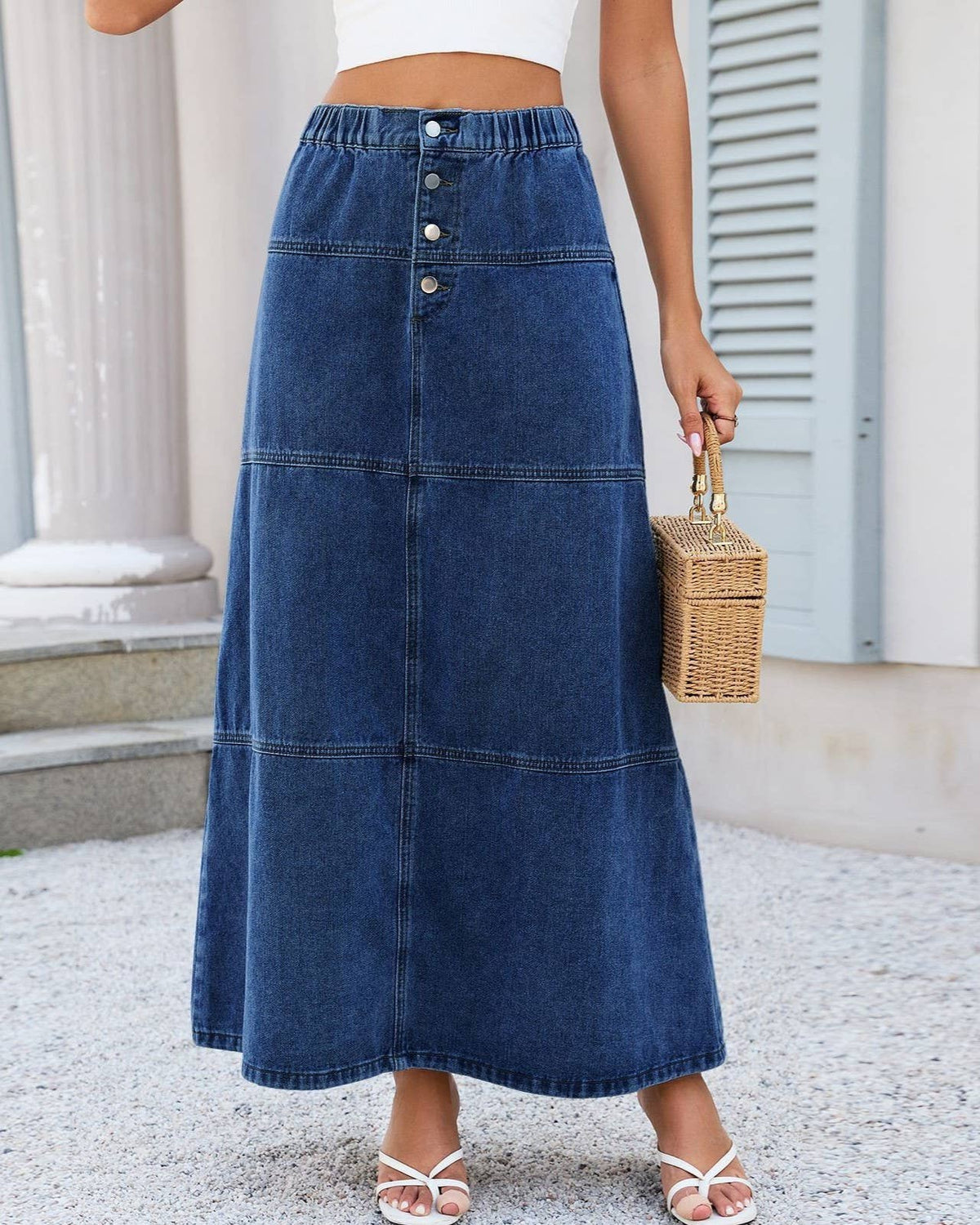 Paneled Denim Maxi Skirt with Elastic Waist