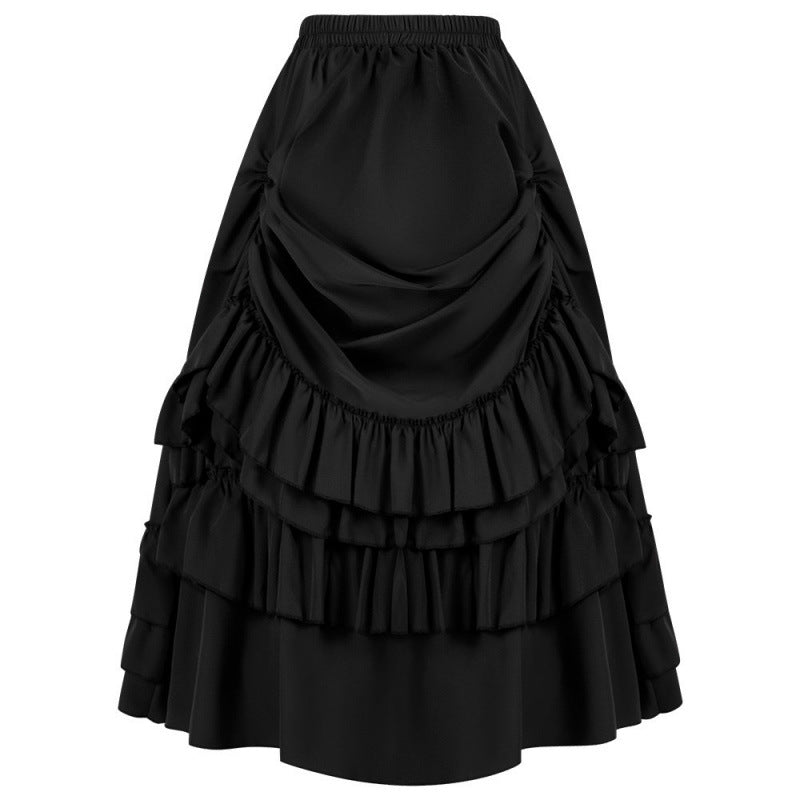 Gothic Ruched Tiered Ruffle Midi Skirt - Black